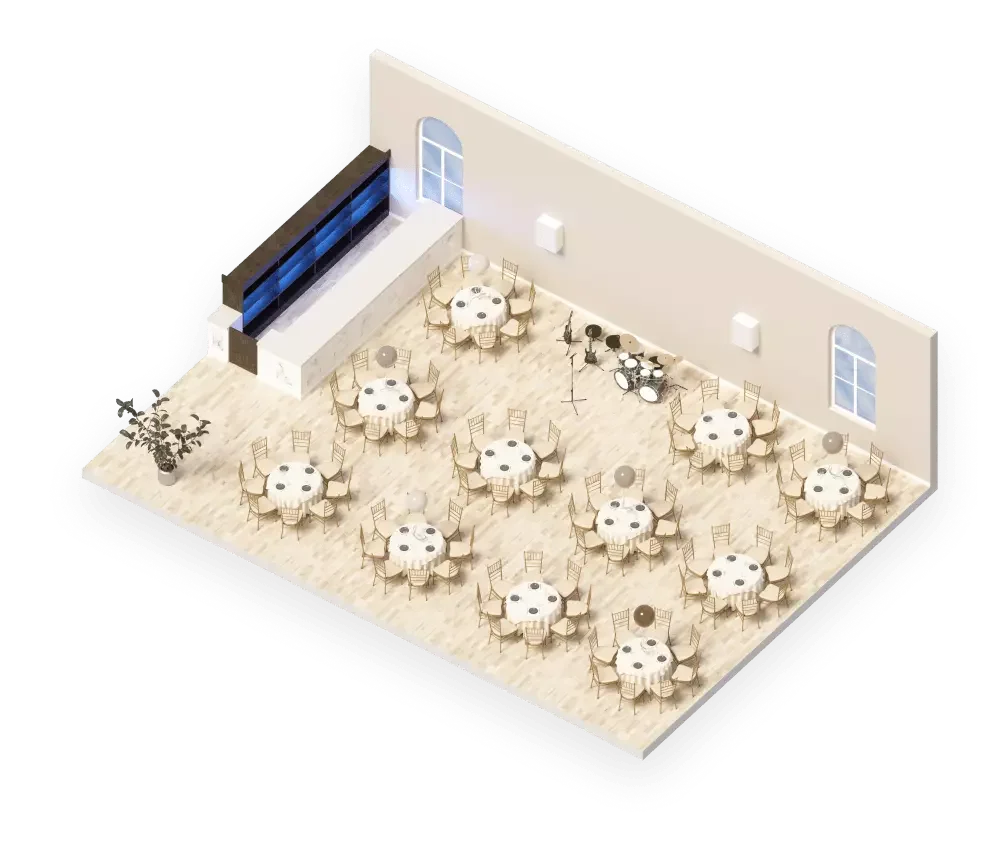 Rendered view of the Ballroom dressed for a wedding, showing the full room set for ceremony and reception